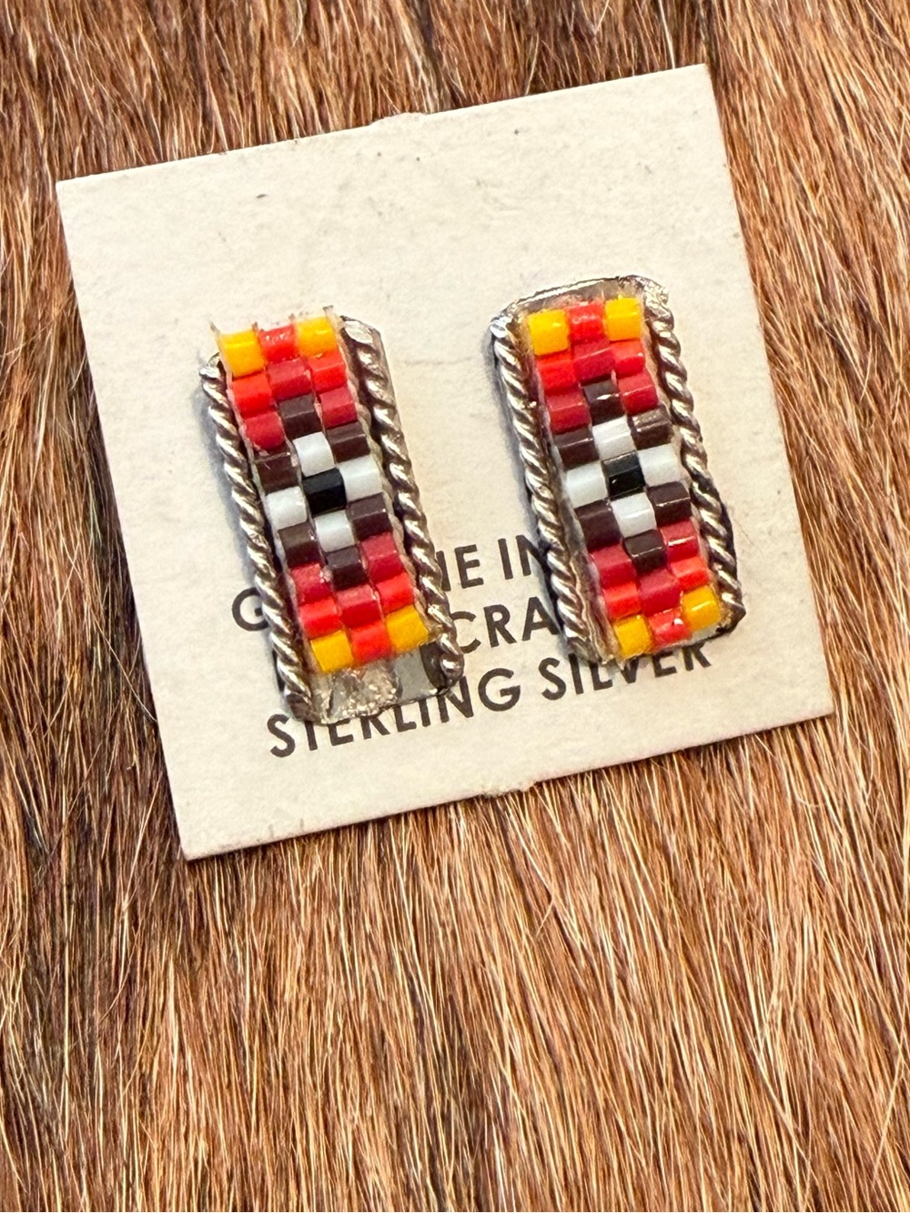 Navajo Handmade Multicolor Seed Bead Rectangle Sterling Silver Stud Earrings